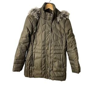 London Fog Down Puffer Coat Women S Olive Green Diamond Quilted Removable Hood
